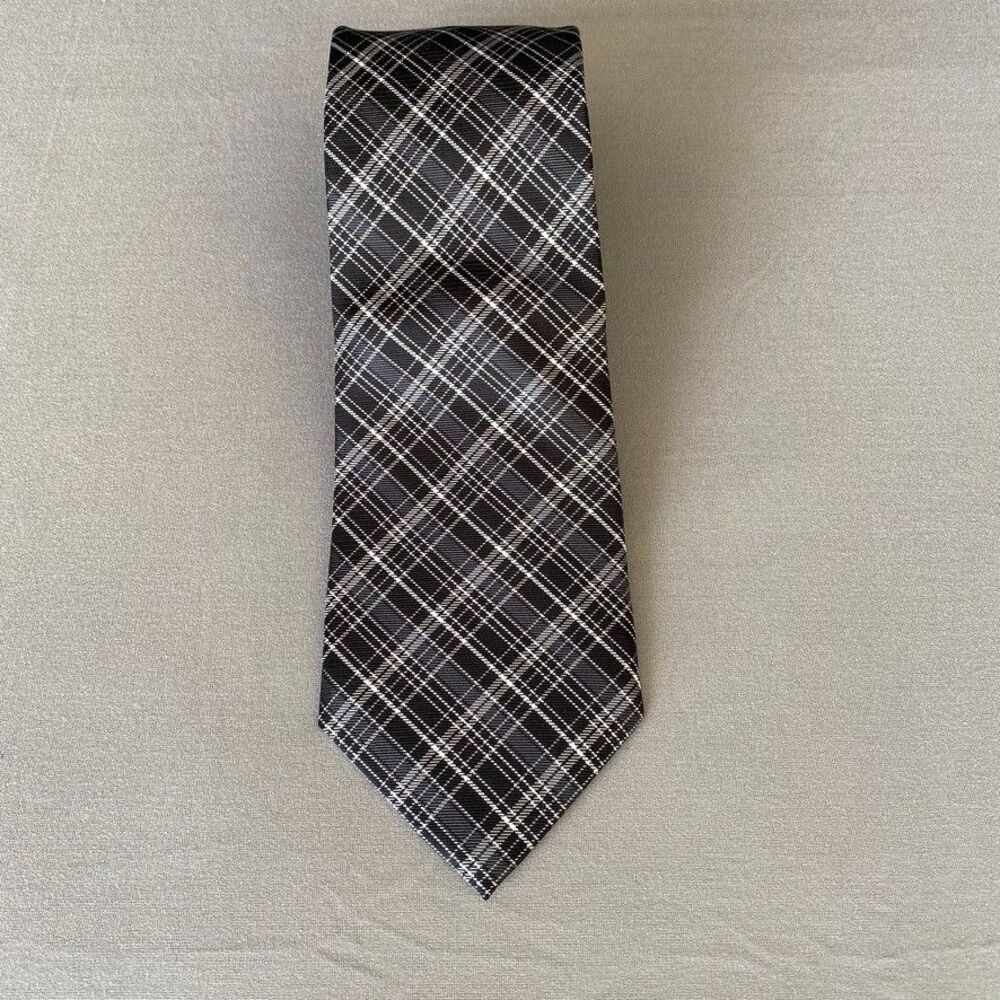 Pronto Uomo Silk Tie Black Gray White Plaid Check Necktie 57" x 3.5"